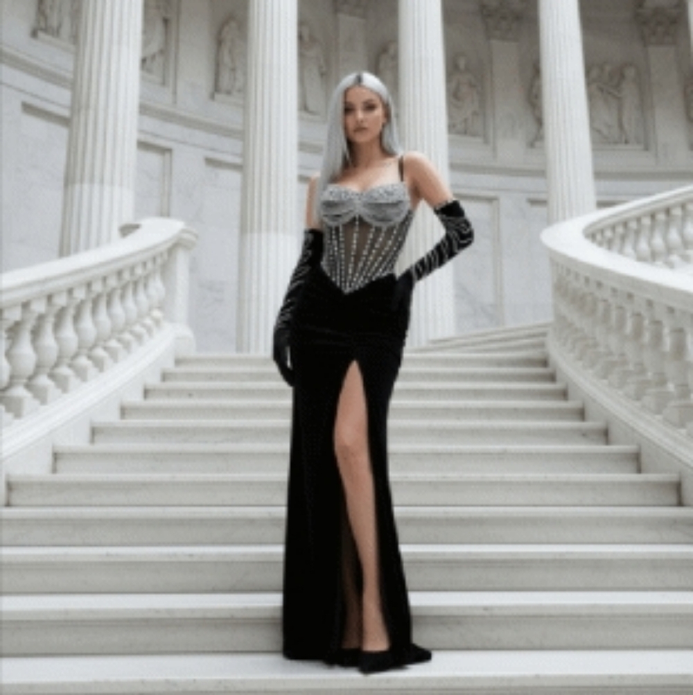Elegant Black and Silver Evening Gown.sparkly Rinetones Split Long Traill Womans